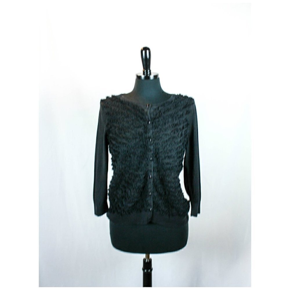 Talbots Black Cardigan Sweater Silk Ruffle…